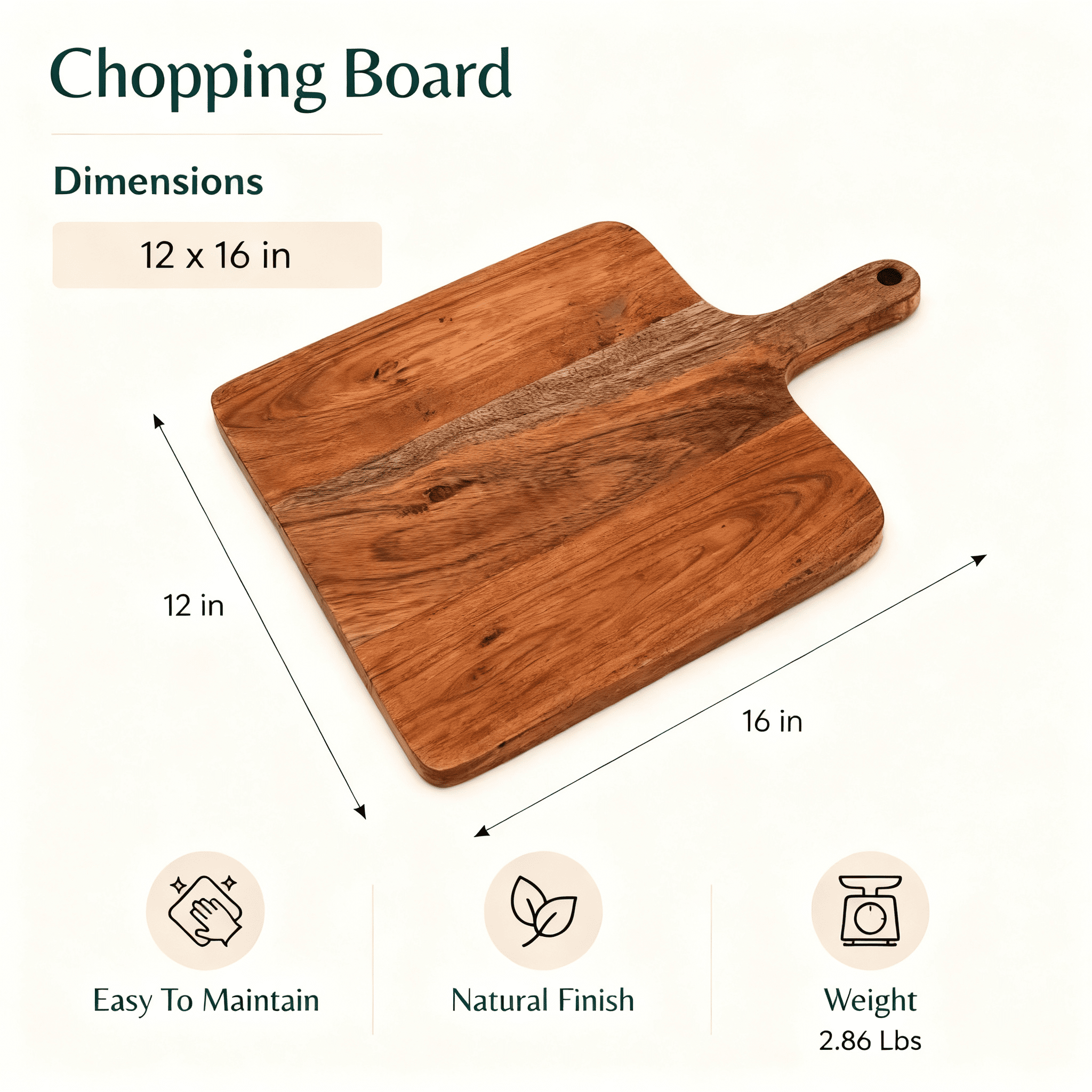 Acacia Wood Chopping Board with Handle, Wooden Cutting Board for Kitchen, Serving Board for Bread, Cheese, Fruits & Vegetables, Handcrafted Wood Paddle Board, 12x0.75x16 Inches