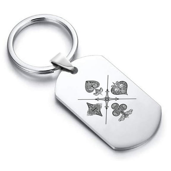 Stainless Steel Four Card Suits Dog Tag Keychain Circle Ring