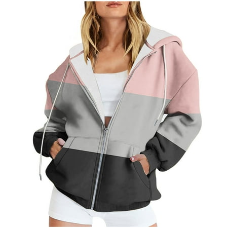 Scyoekwg Coats for Women Plus Size Zipper Drawstring Hooded Sweatshirts Jacket Hoodies Coats with Pocket Loose Color Block Long Sleeve Casual Outerwear (Pink XXXL)