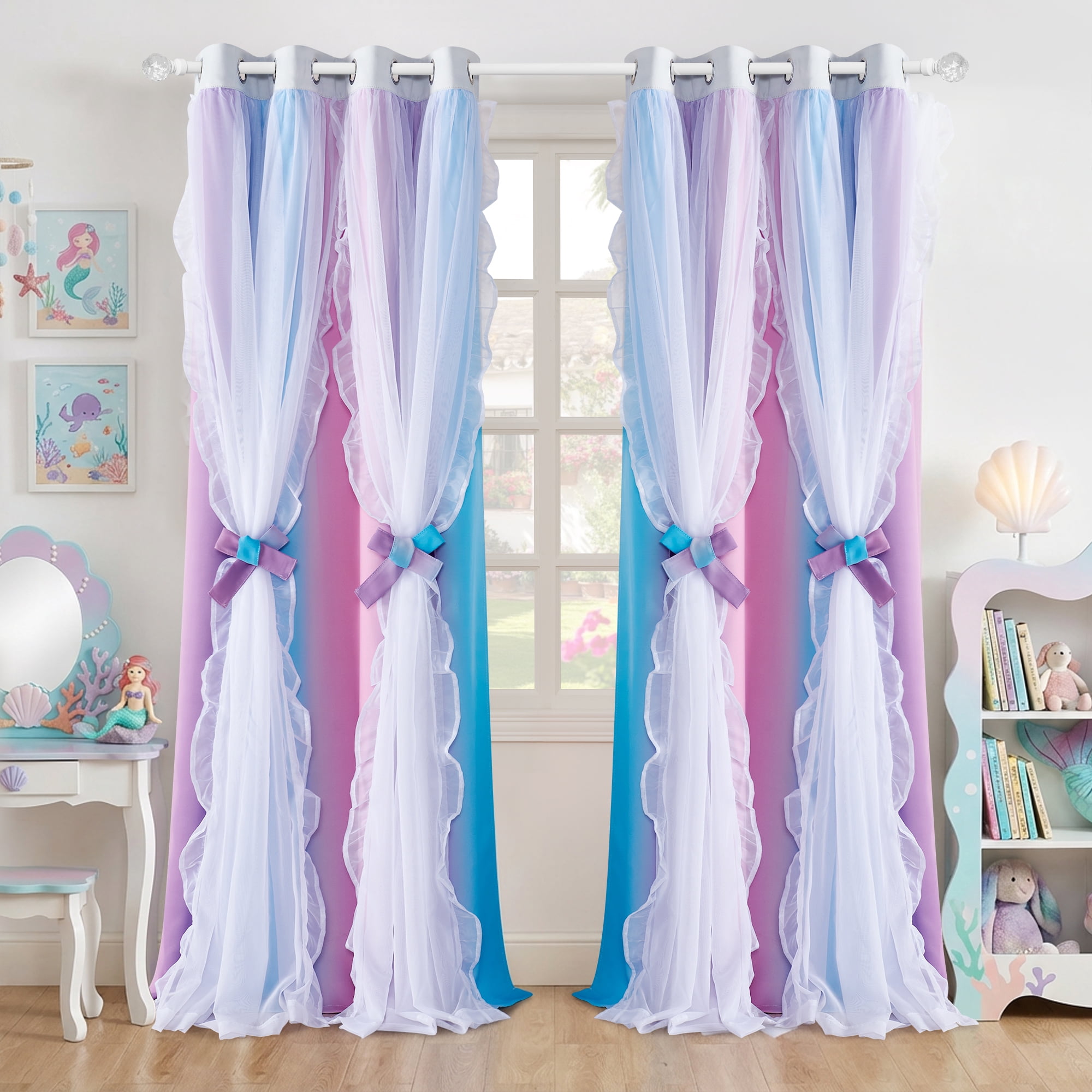 NICETOWN Double Layer Curtain for Girls Bedroom Colorful Rainbow Design Room Darkening Grommet Modern Drapes, Ombre Pink/Blue/Purple, 2 Panels, W52 x L84