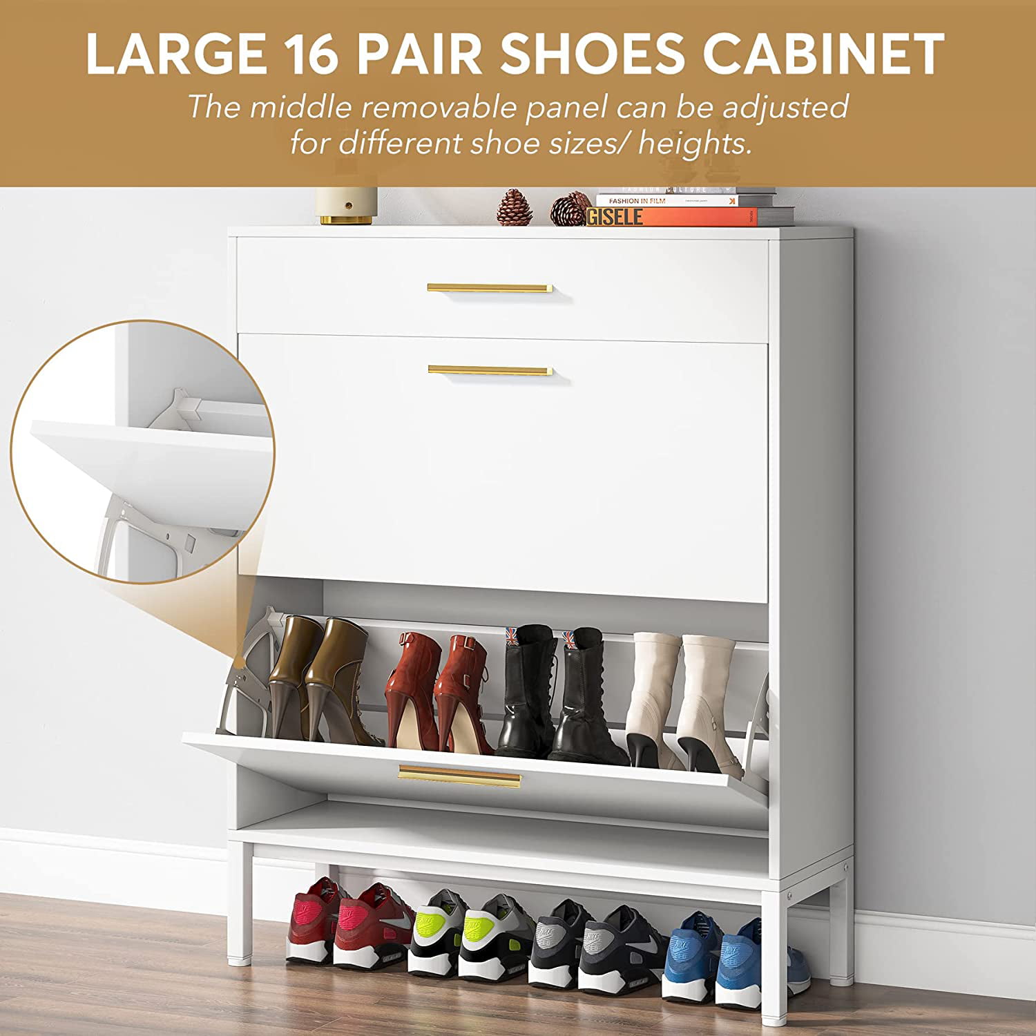 Linique Versatile Shoe Cabinet with 3 Flip Drawers,Maximum Storage Entryway  Organizer with Drawer,Free Standing Shoe Rack with Pull-Down Seat for
