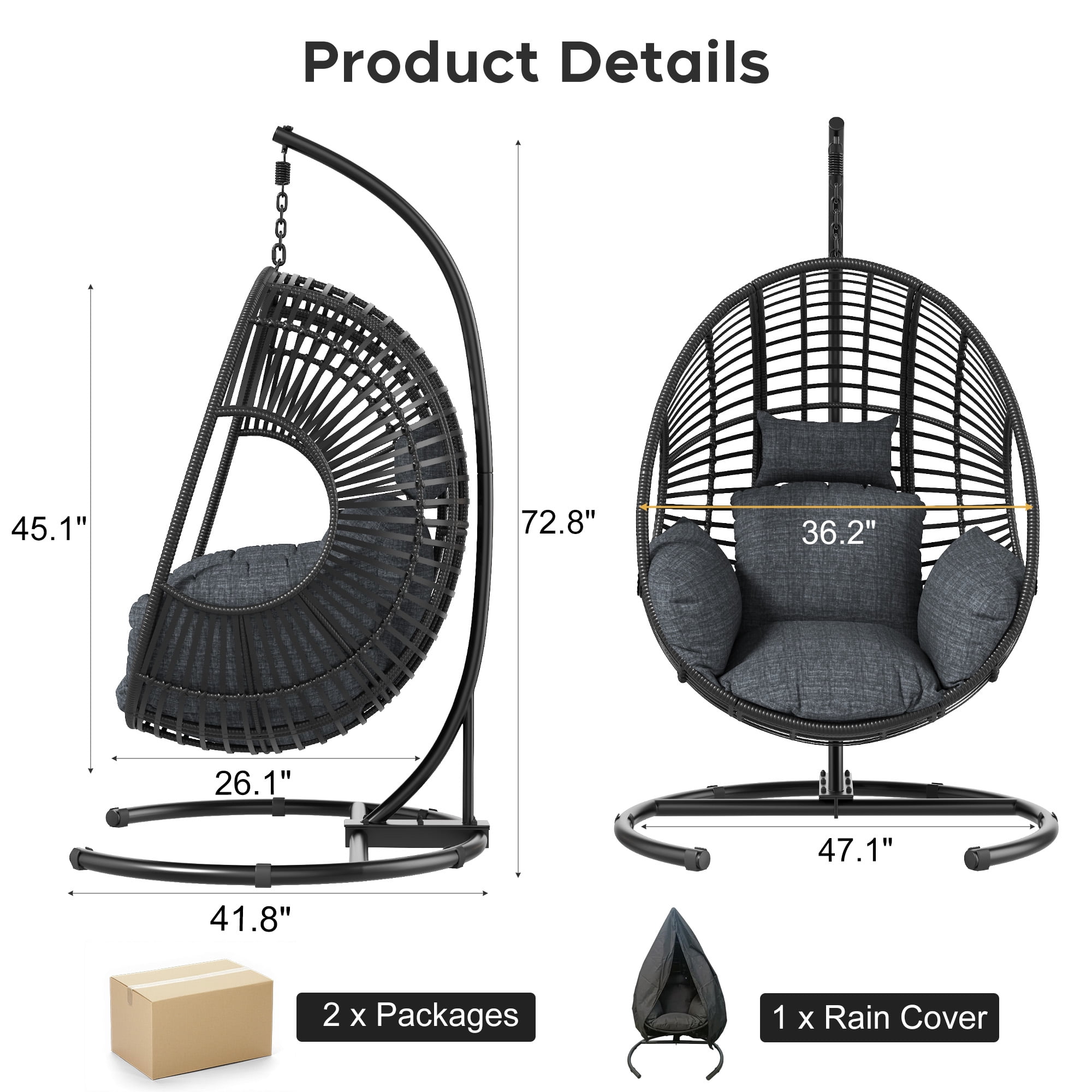 Extra Wide Hanging Egg Chair with U Base & Stand, 400 lb Capacity Patio Swing Chair with 8-Inch Thick Cushion, Weatherproof PE Rattan + Waterproof Cover for Garden, Black