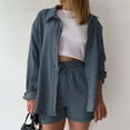 thumbnail image 4 of Arlun Two Piece Sets for Women Soft Cozy Fabric Long Sleeve Button down Shirts and High Waist Shorts Summer Casual Set Oversized Lightweight Breathable Plain Color Tracksuit Navy S, 4 of 5