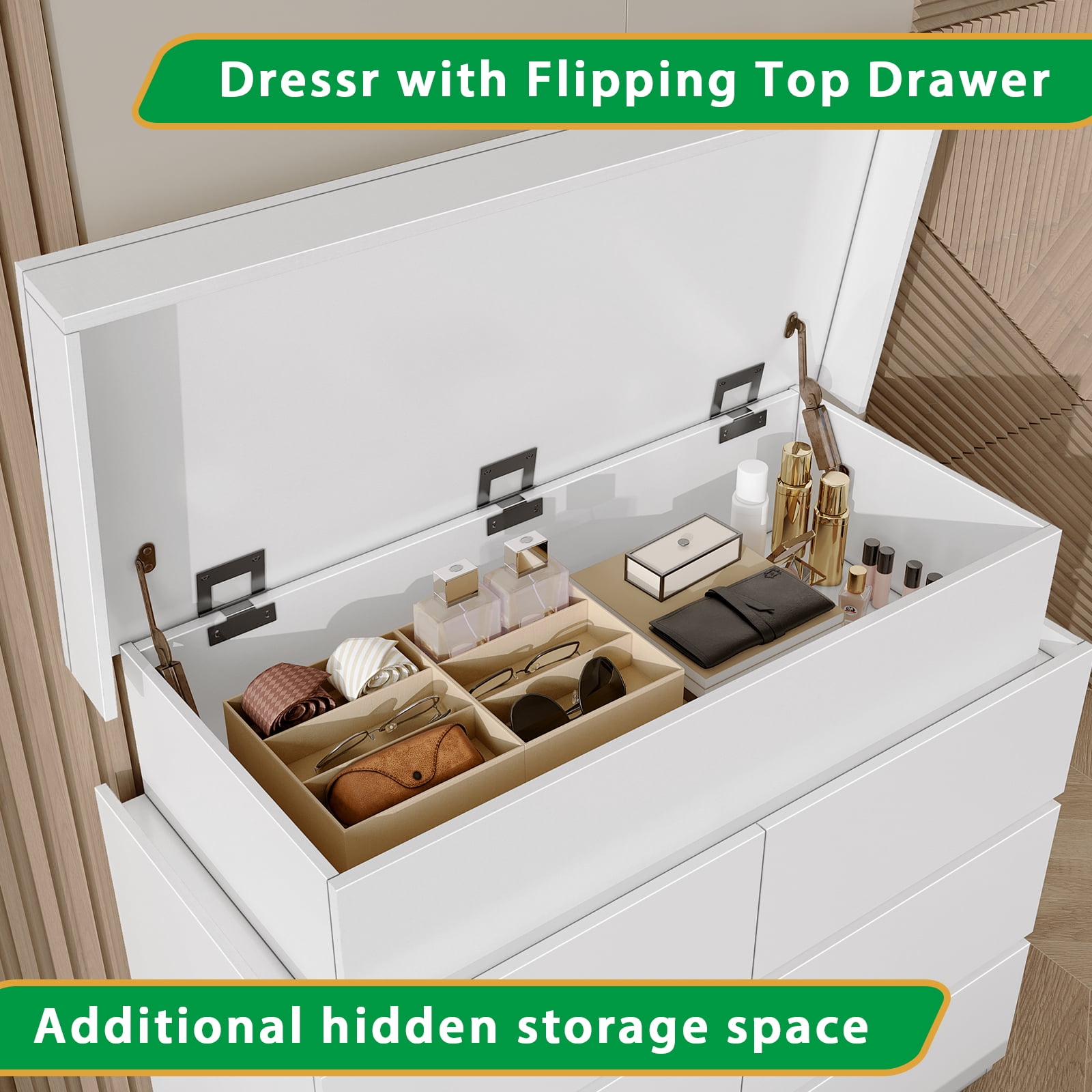LLappuil 6 Drawer Dresser for Bedroom, Chest of Drawers with LED Light, TV Stand with Drawers White