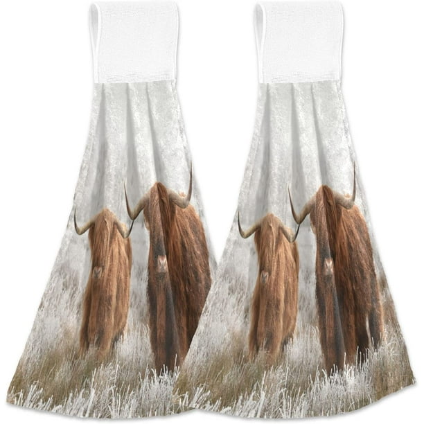 Reduced！Winter Furry Scottish Highland Cow Hanging Hand Towels With