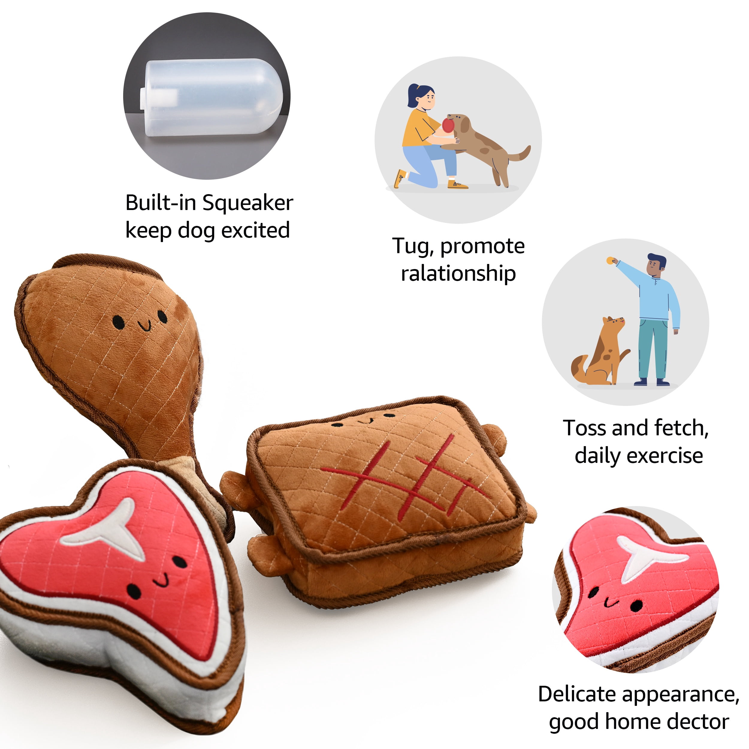 Max & Marlow Indestructible Plush Dog Chew Toy for Aggressive Chewers, Chicken, Beef, and Sandwich 3 Pack