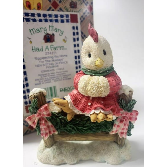 Enesco Mary Mary Had A Farm #274151 1997 "Eggspecting You Home For The Holidays" Hen Sitting On Fence Figurine