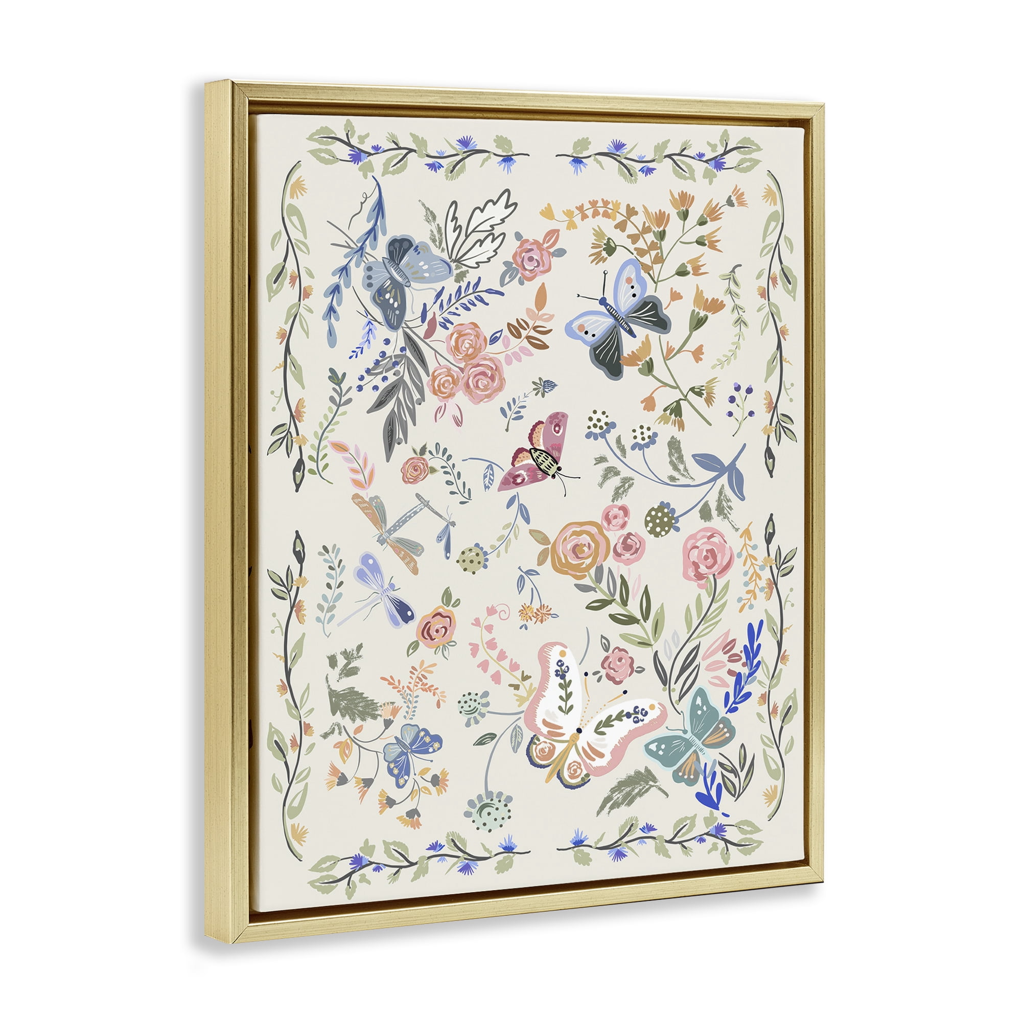 Stupell Industries Flowers & Garden Friends Animals Painting Gold Floater Framed Canvas Art Print Wall Art, 25 x 31