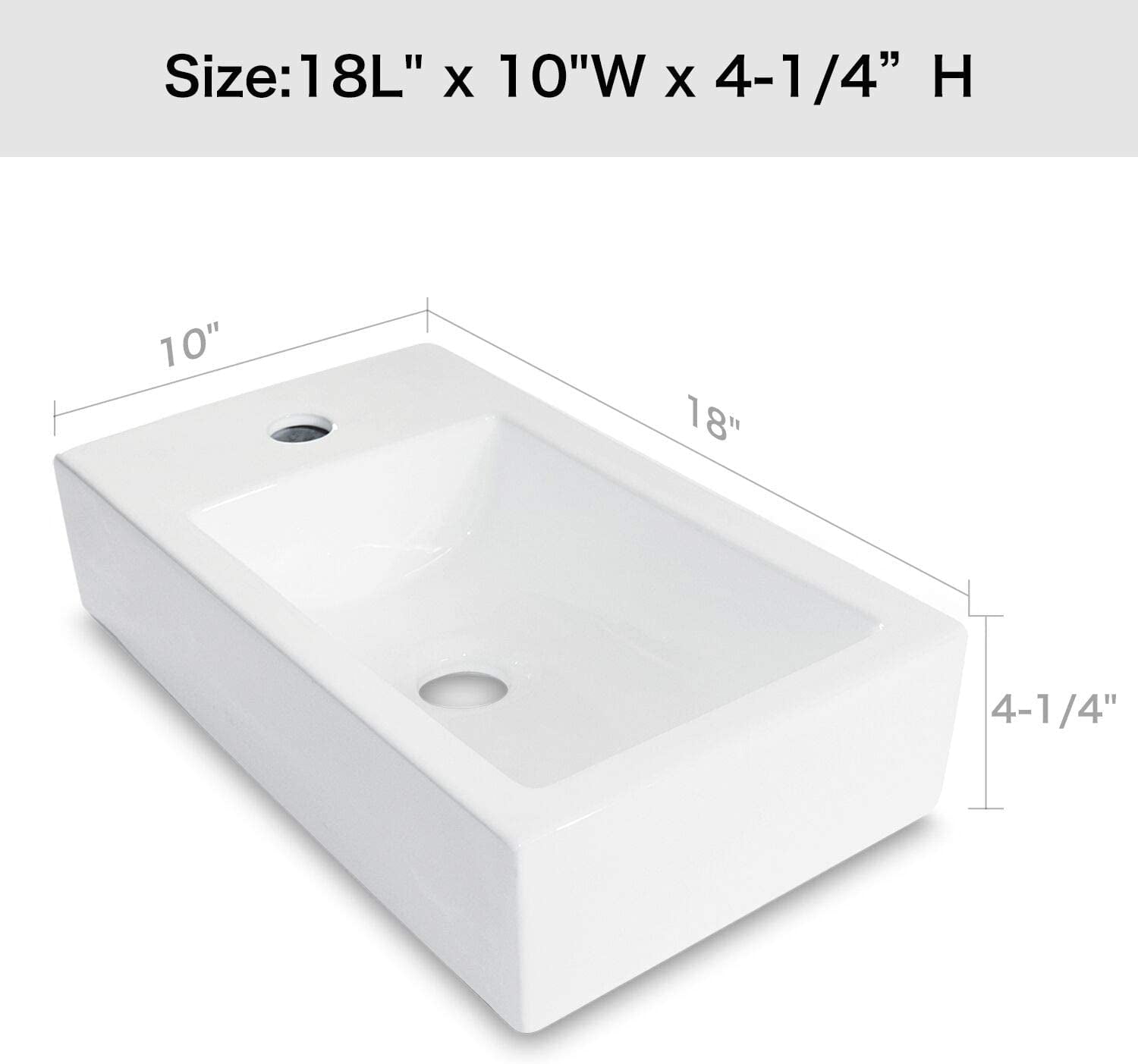 18"×10"×4.25" White Ceramic Rectangle Wall-Mount Bathroom Sink with Single Faucet Hole