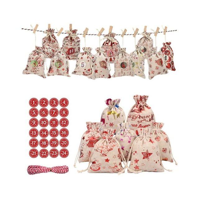 50 Pcs DIY Advent Calendars Bags Christmas Drawstring Advent Bags Hanging Advent Calendars Garland Candy Gift Pouch Party Storage Pouch Resusable for Christmas (Red, Number Style)
