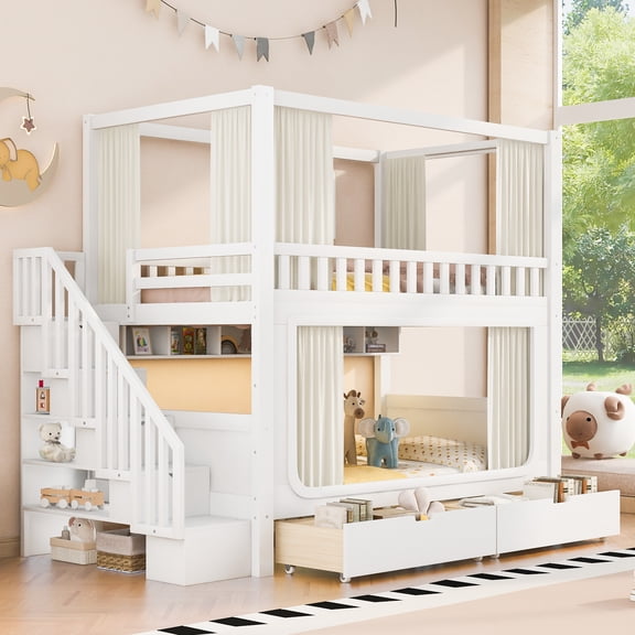 Harper & Bright Designs Full Over Full Bunk Bed with Curtains, Full Size Wooden Storage Stairway Bunk Bedframe with Under Bed LED Lights and Drawers for Bedroom, White
