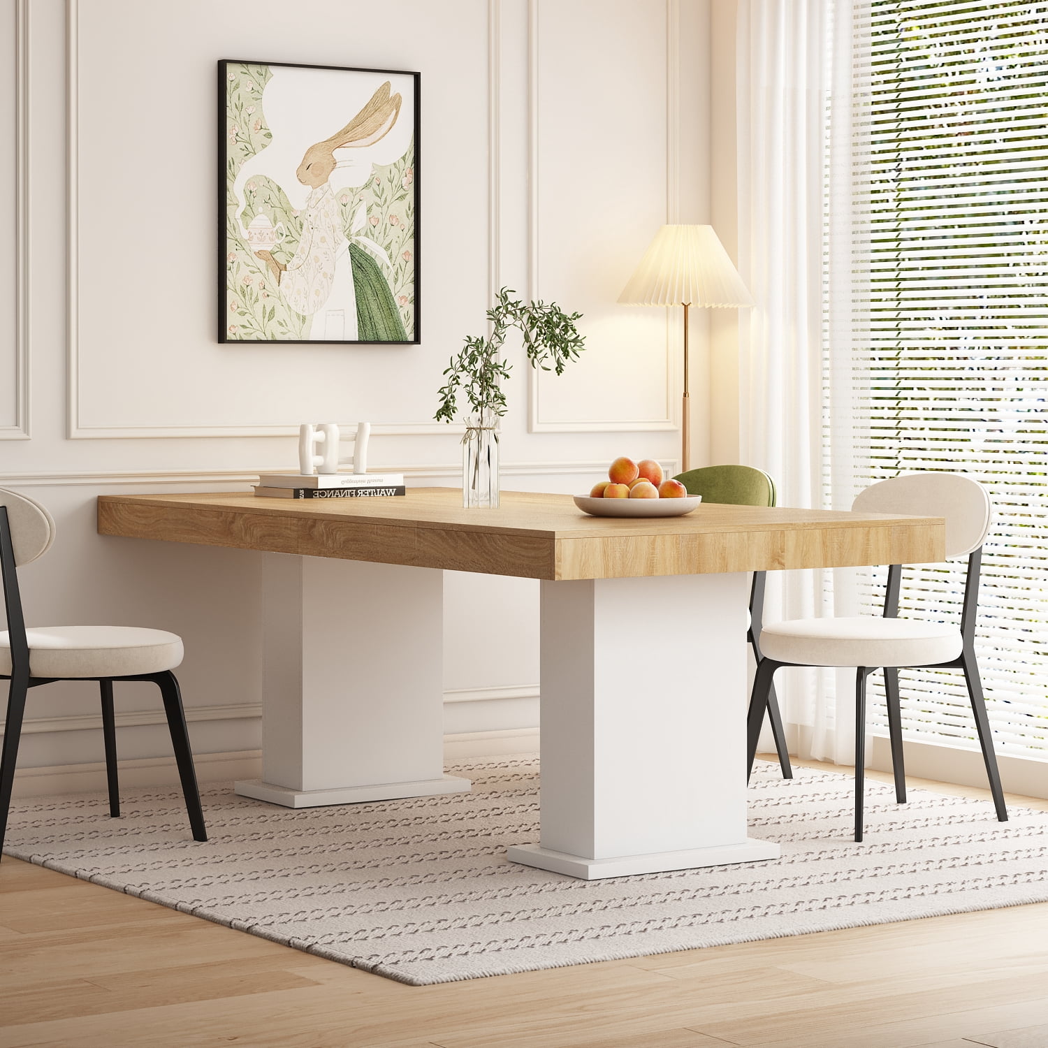Oxylife Modern Dining Table for 6-8 People, 78.7" Wood Kitchen Table,Long Rectangle Wooden Dinner Table for Dining Room, Brown & White