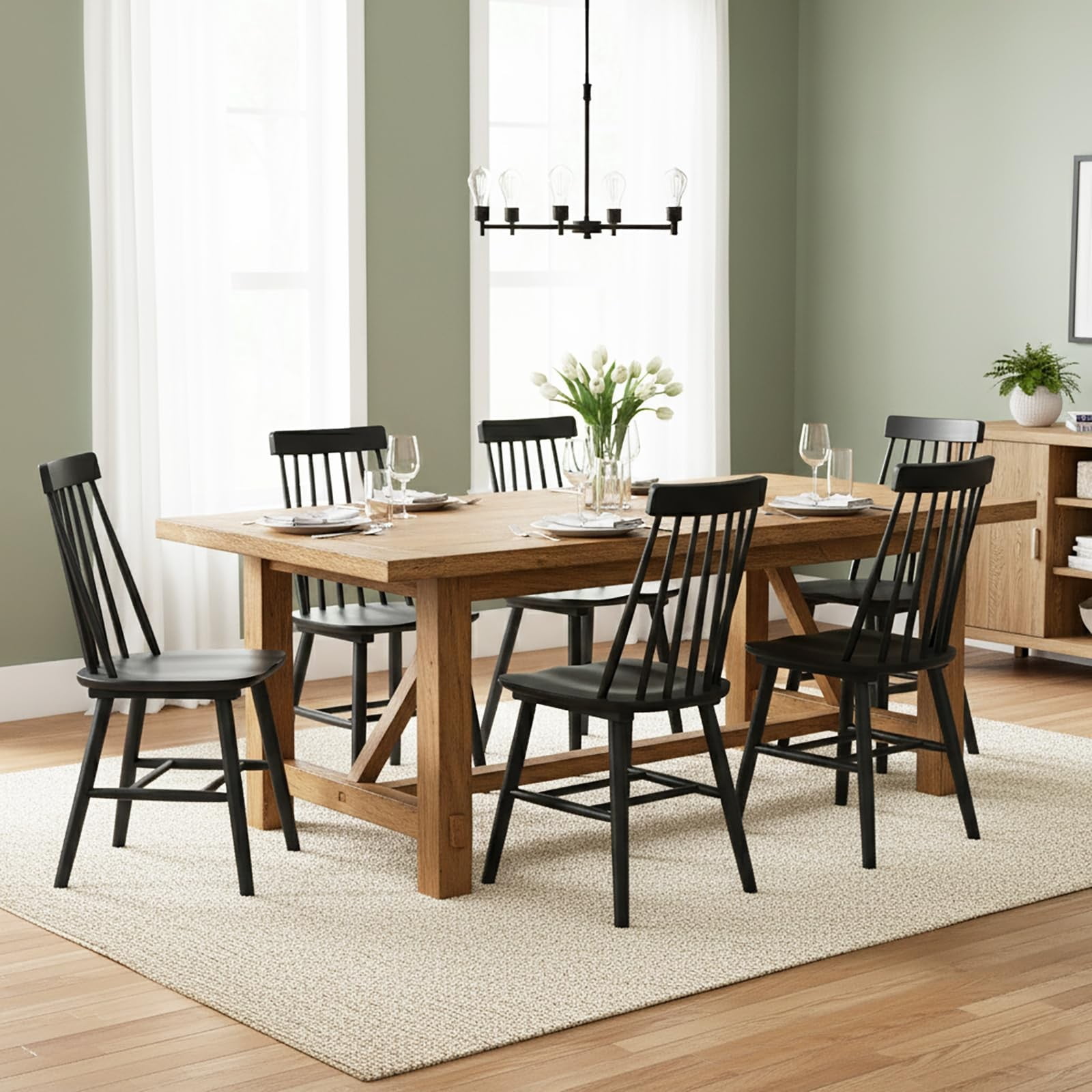 Black Farmhouse Dining Chairs Set of 6, Mid Century Modern Spindle Back Wooden Dining Room Chairs for Kitchen & Living Room