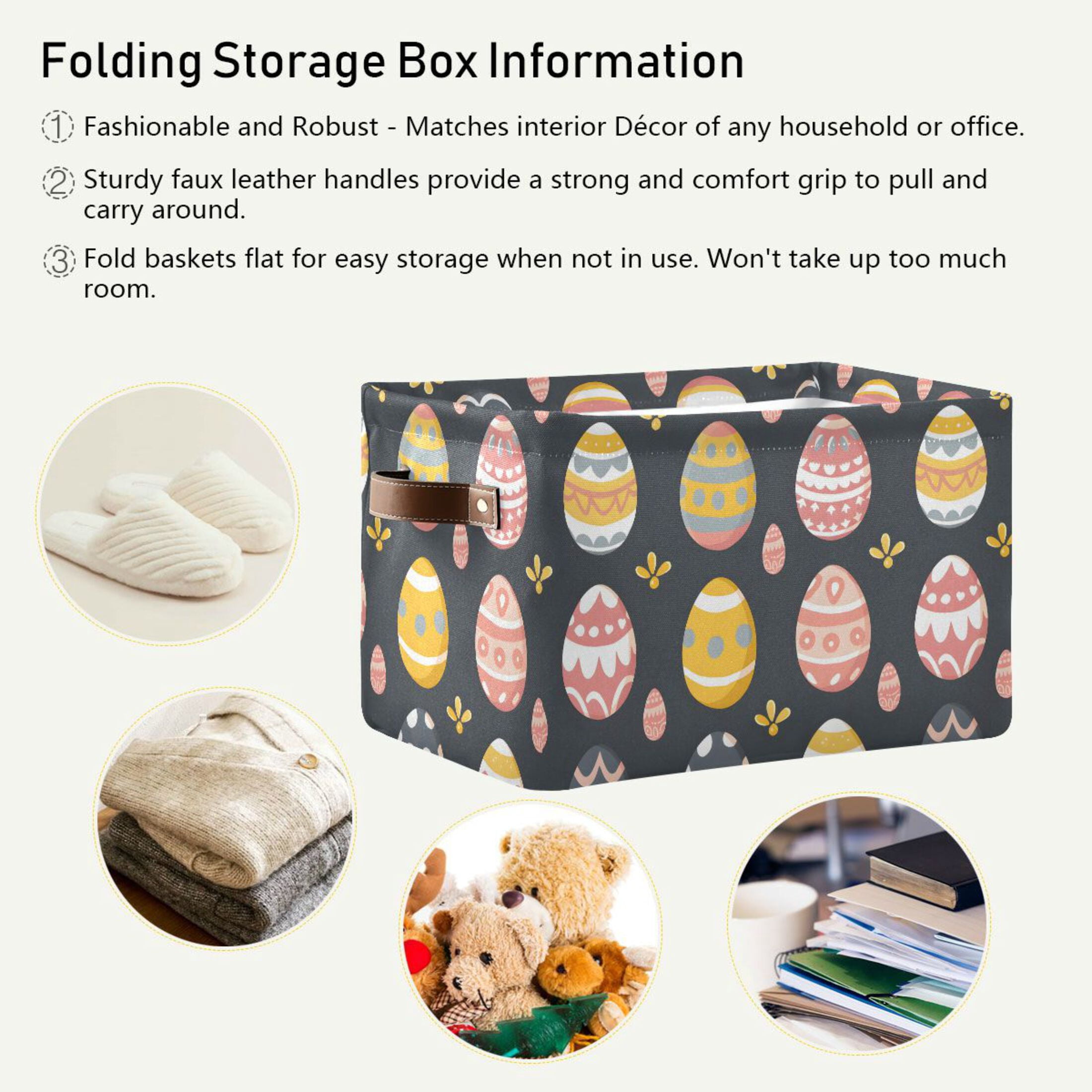 Easter Egg with Grass Storage Bins with Handle Fabric Organizer Basket Foldable Box 2 Pack 14.2x10.2x8.3