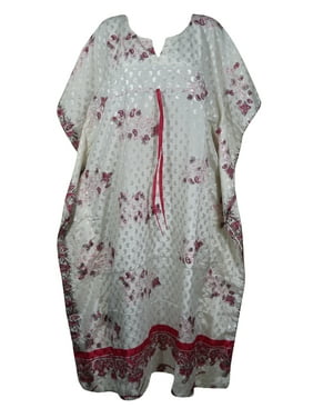 Mogul Women Caftan Maxi Dress, White Pink Print, To Be Mom, Floral Beach Cover Up Dress, Housedress, Maternity Dresses 2XL