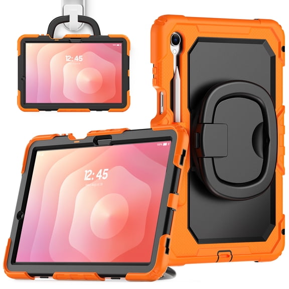 ELEHOLD Rugged Case for Samsung Galaxy Tab S11 2025,11-inch, Three-Layer Protection with Screen Protector Portable Folding Handle Grip 360° Rotating Kickstand Bracket Shockproof Cover,Orange