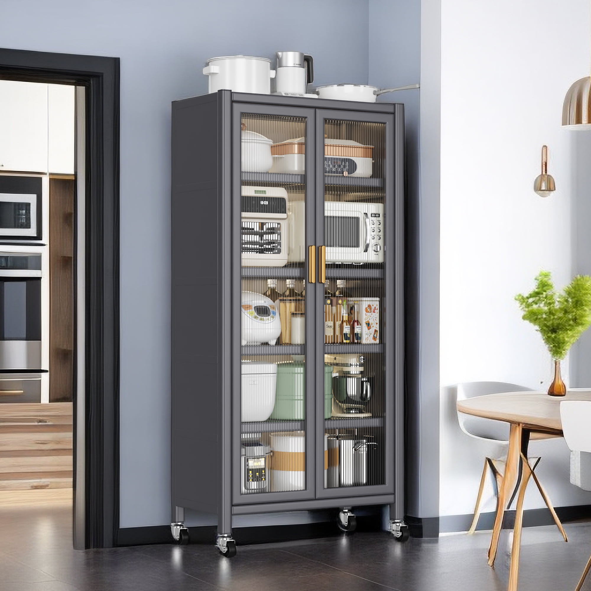 Royard Oaktree Metal Storage Cabinet with 2 Acrylic Glass Doors, 5-tier Kitchen Pantry Cupboard with Adjustable Shelves and Wheels, Tall Rolling Display Cabinet for Living Room Home Office, Black
