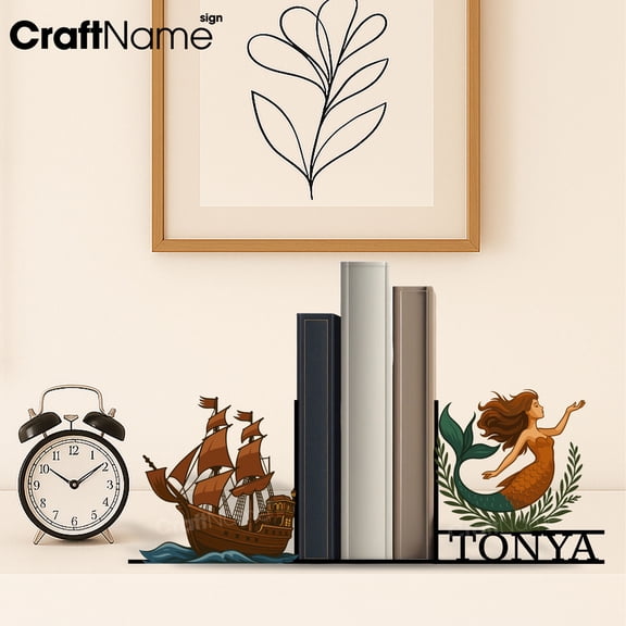 Craftnamesign Custom Mermaid And Pirate Ship Metal Bookend, Book Nook for Reading Corner Decor