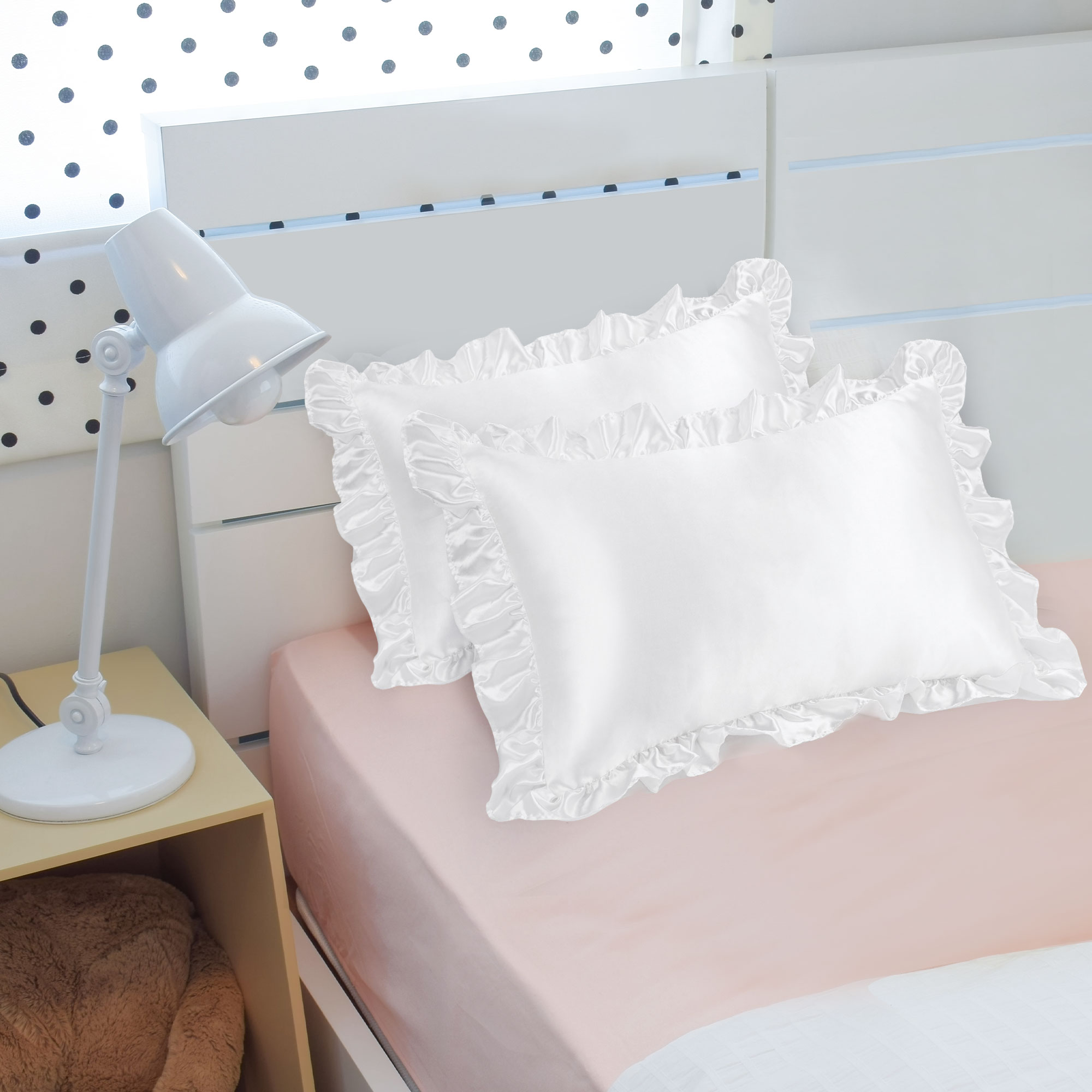 Unique Bargains Satin Ruffle Envelope Closure Pillowcases Set of 2 White 17" x 25"