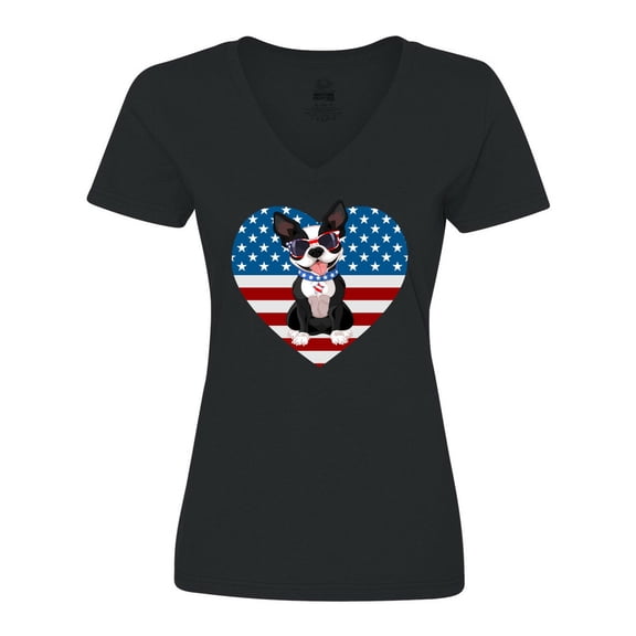 Inktastic Boston Terrier Dog US Flag July 4th Women's V-Neck T-Shirt