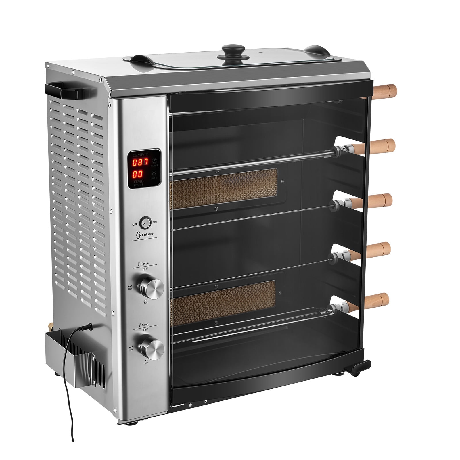 KFFKFF Countertop Vertical Oven with 5 Rotating Skewers, Ideal for Cooking Steak, Fish, Lamb, and More, Outdoor Gas Rotisserie Grill with Curved Glass Door