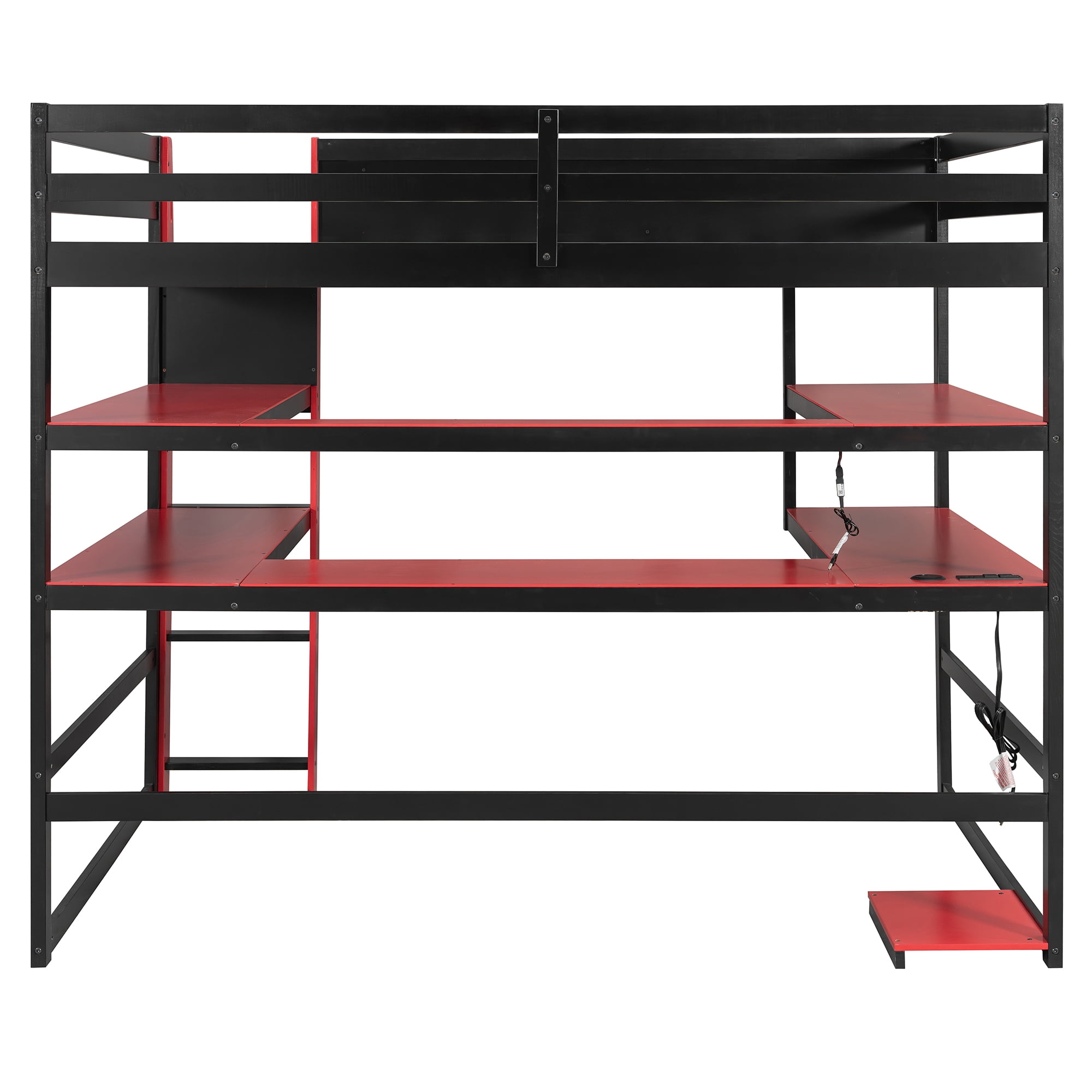 Mintazer Full Size Gaming Loft Bed with U-Shaped Desk & LED Lights, Modern Bed Frame with Shelves & Charging Station for Dorm Bedroom Apartment, Black & Red