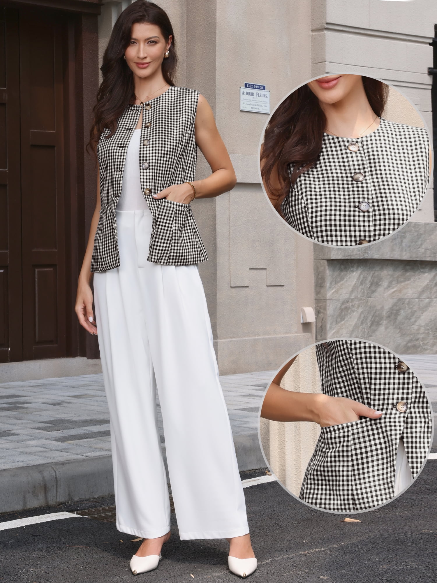 DARING DIVA Women's Plaid Gingham Button Down Sleeveless Crew Neck Vest L Black