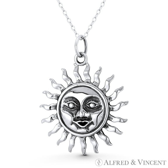 Sun Face Incan / Mayan Tribal Jewelry Astrological Charm 36x28mm (1.4x1.1in) Pendant & Chain Necklace in Oxidized .925 Sterling Silver