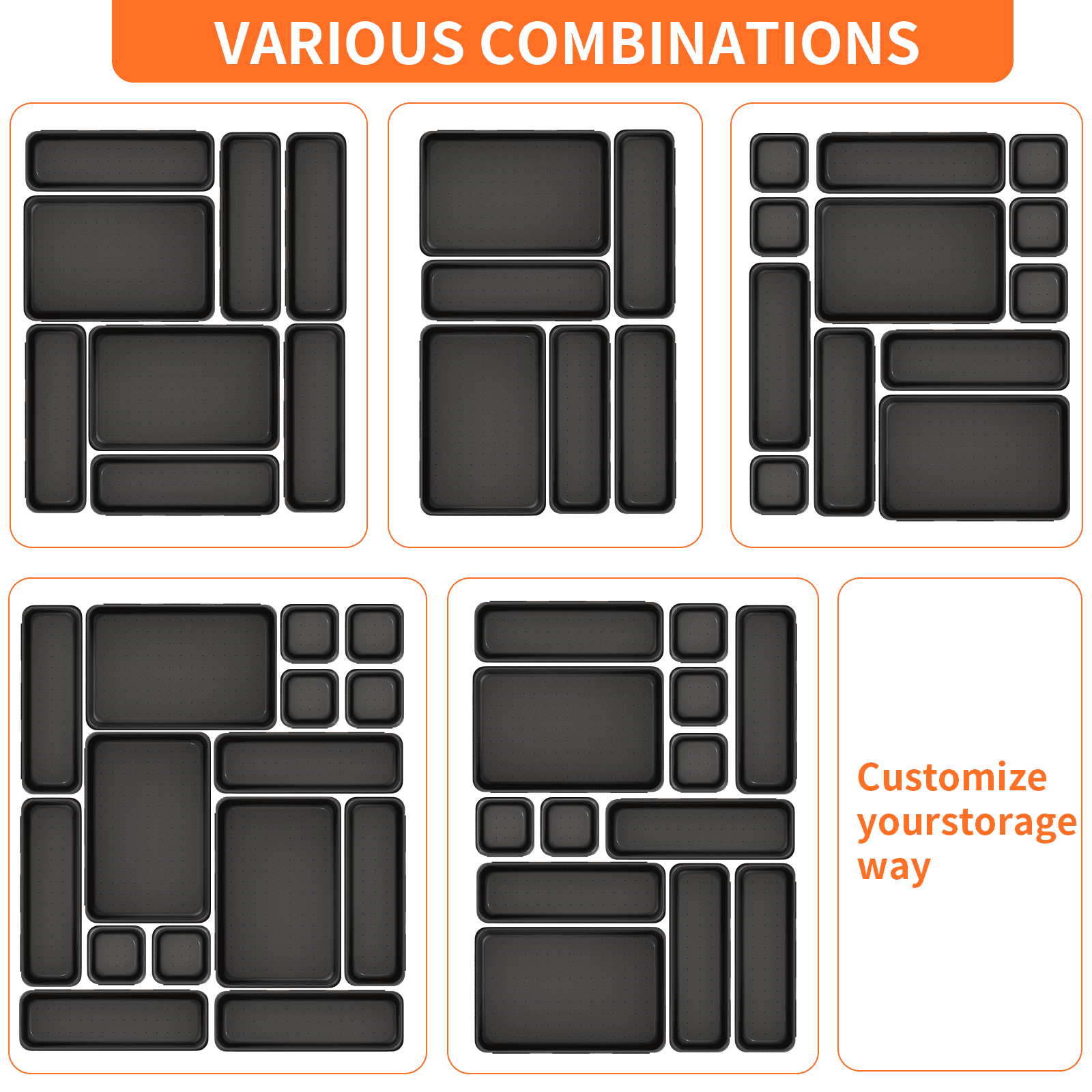 HAIDAIYA 45 Pack Plastic Drawer Organizer Trays, 3-Sizes Vanity and Desk Storage Bins, tool box Organizers for Makeup, Jewelry, Gadgets, Utensils, Black