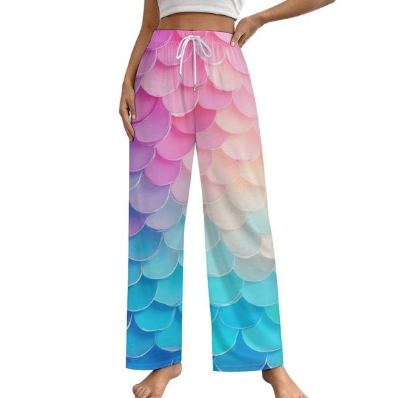 Gradient Mermaid Scales Print Pajama Pants Breathable with Pockets Pajamas For Lady Vintage Sleeping Pants Bedroom Homewear