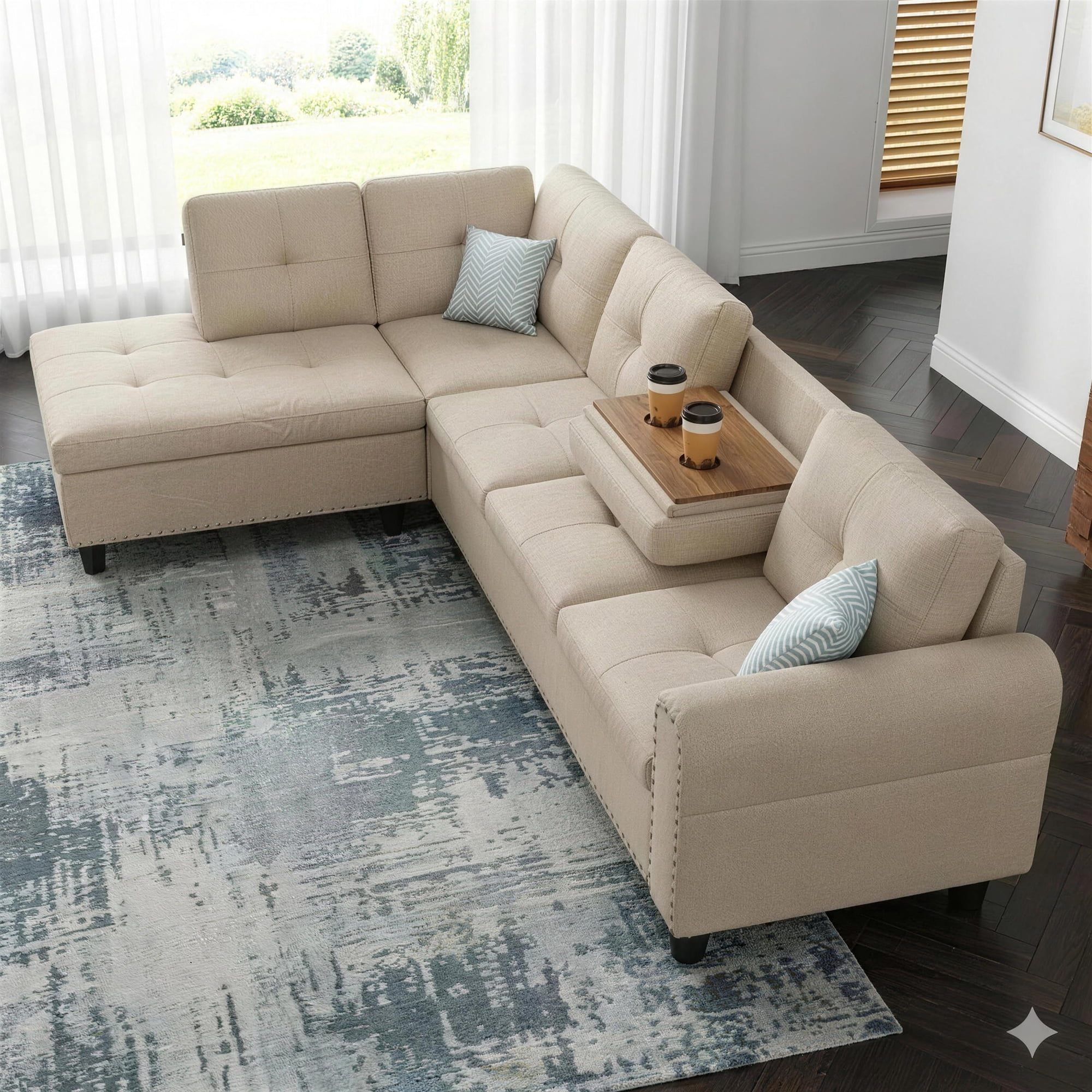 AENKYO 98" L-Shaped Upholstered Sectional Sofa Couch with Storage & Cup Holders, Faux Leather Living Room Sofa Set, Beige