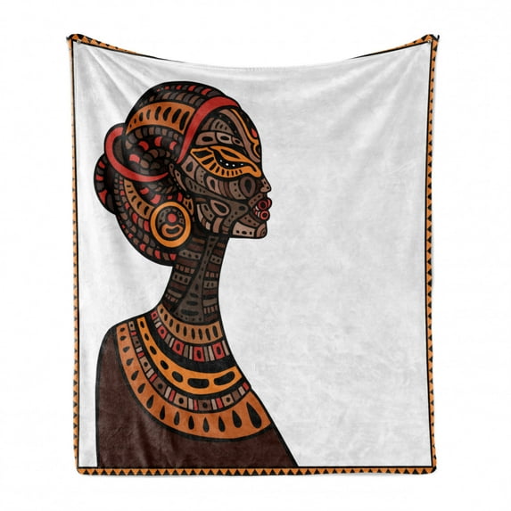 African Soft Flannel Fleece Throw Blanket, Exotic Beauty Woman with Traditional Totem Illustration, Cozy Plush for Indoor and Outdoor Use, 70" x 90", Brown and Cinnamon, by Ambesonne