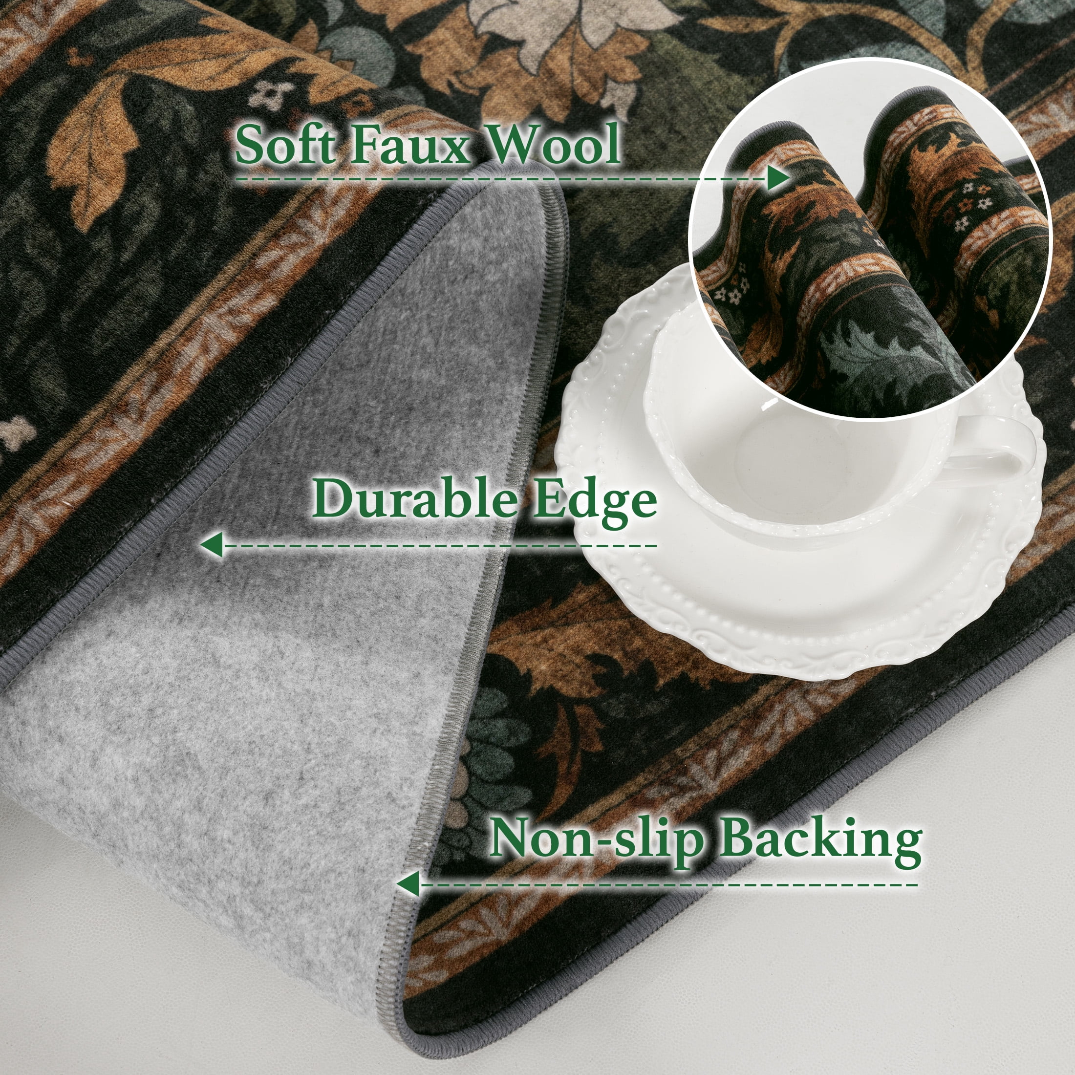 SORONO KATE 9'x12' Floral Bird Area Rugs for Living Room, Machine Washable Oriental Vintage Distressed Non Slip Soft Indoor Area Carpet, Forset Green
