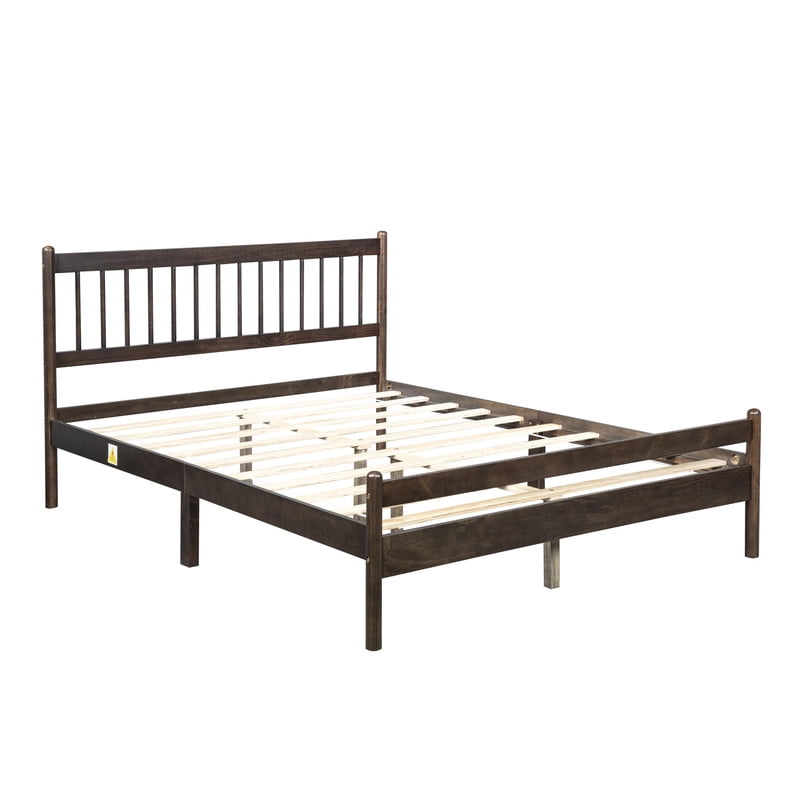 Queen Size Traditional Style Low Profile Platform Bed with Headboard and Footboard, Wood Bed Frame with Rounded Bedpost