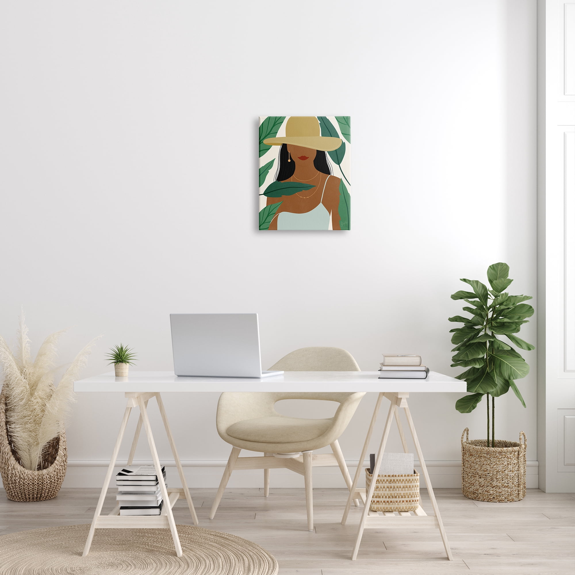 Stupell Industries Smiling Woman Wearing Sun Hat Drifting Leaves Graphic Art Gallery Wrapped Canvas Print Wall Art, Design by Birch&Ink