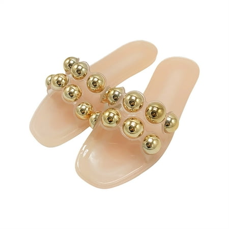 

asdoklhq Womens Shoes Clearance Under $20Solid Color Jelly Bottom Flat Metal Ball Sandals Shoes