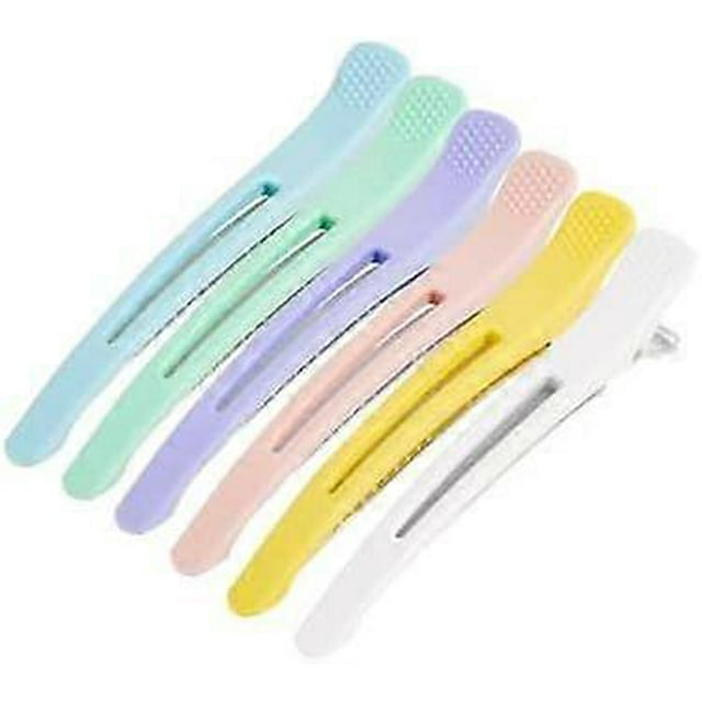 6pcs Professional Hair Clips 4.3 Long Salon and Home Use Anti-Slip No-Trace Duck Billed Hair Cutting Clip with Silicone Band for Hairdresser Women Men