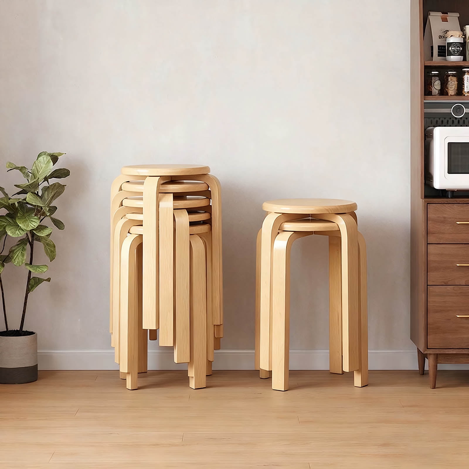 Stackable Stools, Bentwood Stools, Nesting Chairs&nbsp;Set of 4 Round Backless School and Kitchen Stools, Anti-Slip Felt Pad, Natural, 18 Inch Height, Space-Saving Design