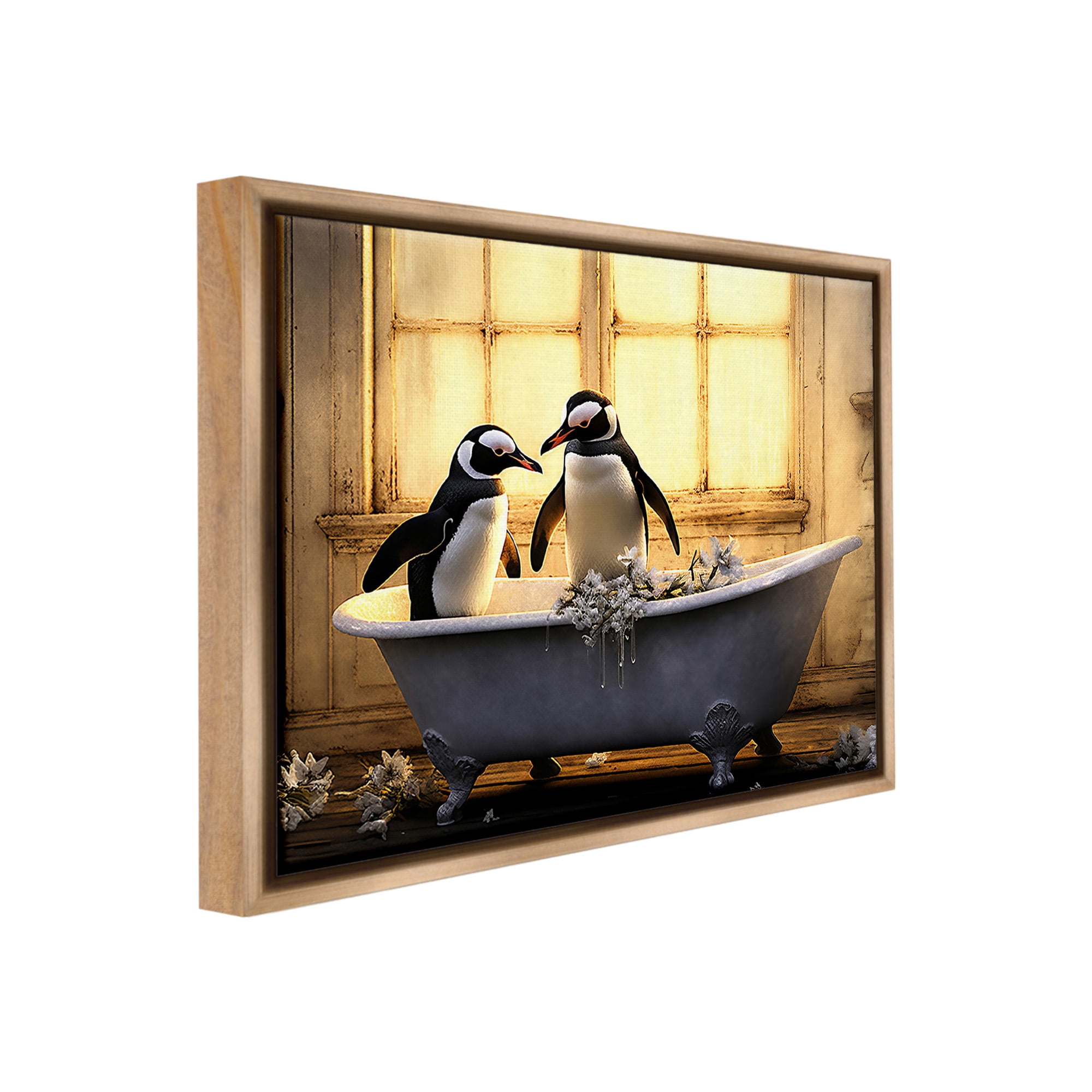 Stupell Industries Penguins in Sunlit Bath Animals & Insects Painting Brown Floater Framed Canvas Art Print Wall Art, 21 x 17