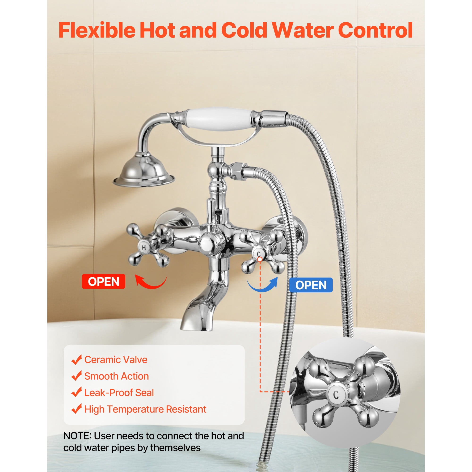 KFFKFF Wall-Mounted Clawfoot Tub Faucet with Handheld Shower, Vintage Polished Chrome Bathtub Filler Kit Featuring Adjustable Swing Arms and 360° Rotating Spout