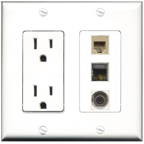 RiteAV - 15 Amp Power Outlet 1 Port Phone Beige 1 Port Shielded Cat6 Ethernet Ethernet 1 Port 3.5mm Decorative Wall Plate
