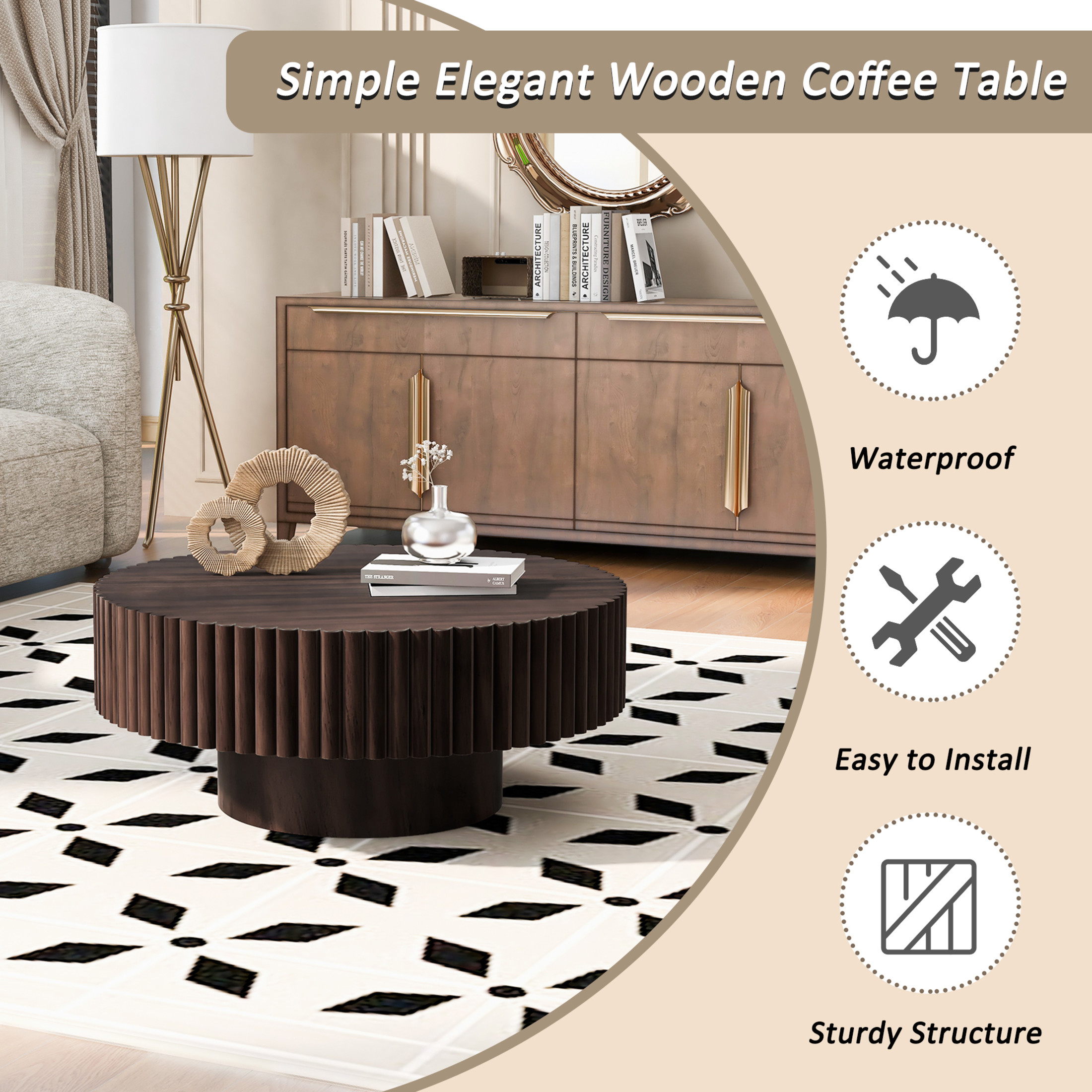 Noble House 31.5" Round Fluted Drum Coffee Table, Solid Wood Modern Center Table for Living Room, Espresso
