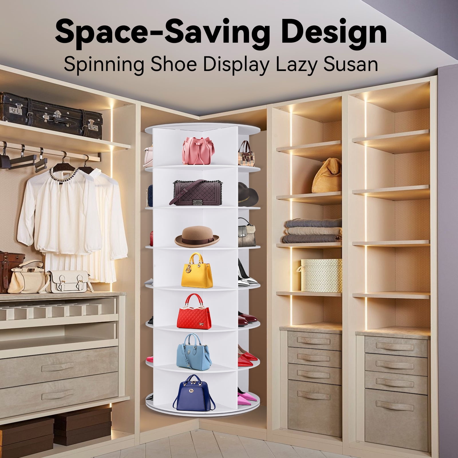 7-Tier Spinning Shoe Rack, 360° Rotating Shoe Organizer Tower, Vertical Carousel Storage for Shoes and Handbags