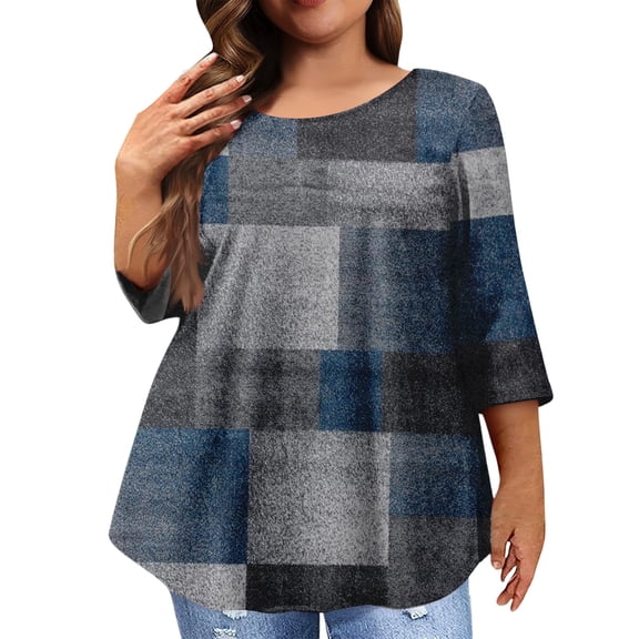 Kixjoy 3/4 Length Sleeve Womens Tops Plus Size Casual Crewneck Shirt Baggy Work Striped Top Fashion Wear with Leggings Fall Womens Tops, Blue 5XL