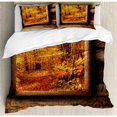 thumbnail image 3 of Fall Duvet Cover Set Twin Size, Fall Foliage View from Square Shaped Wooden Window inside Cottage Rustic Life Photo, Decorative 2 Piece Bedding Set with 1 Pillow Sham, Orange Brown, by Ambesonne, 3 of 3