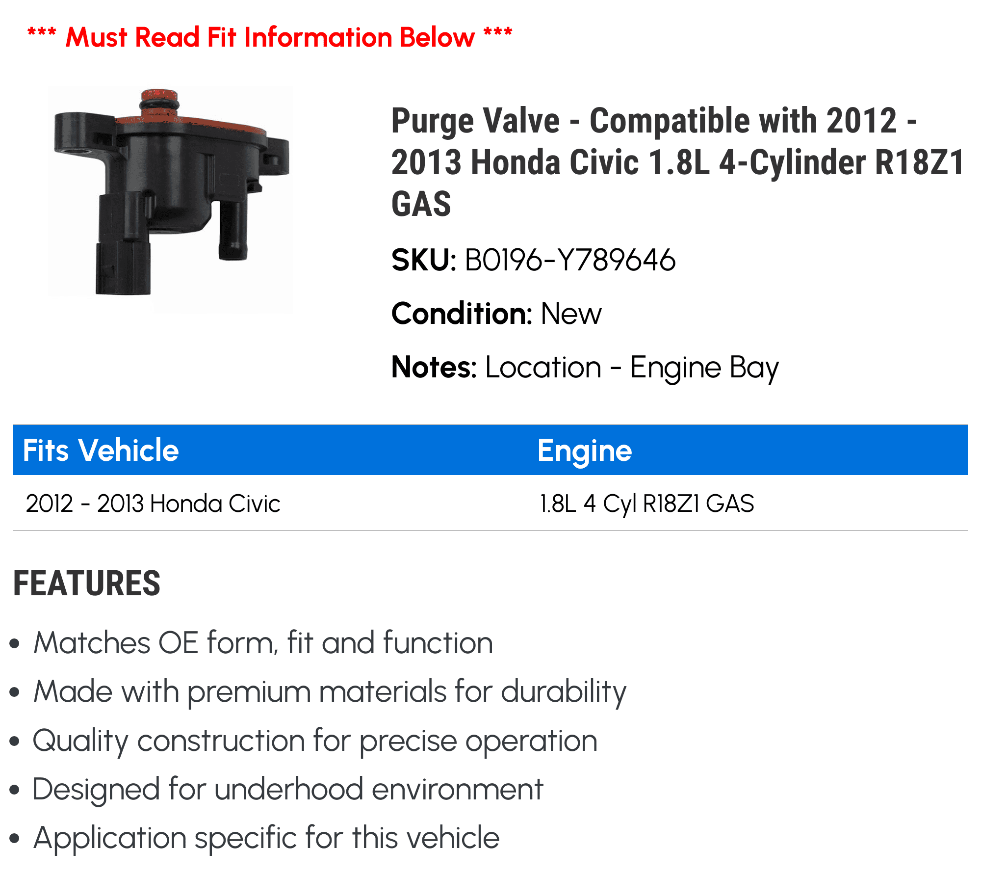 Purge Valve - Compatible with 2012 - 2013 Honda Civic 1.8L 4-Cylinder R18Z1 GAS