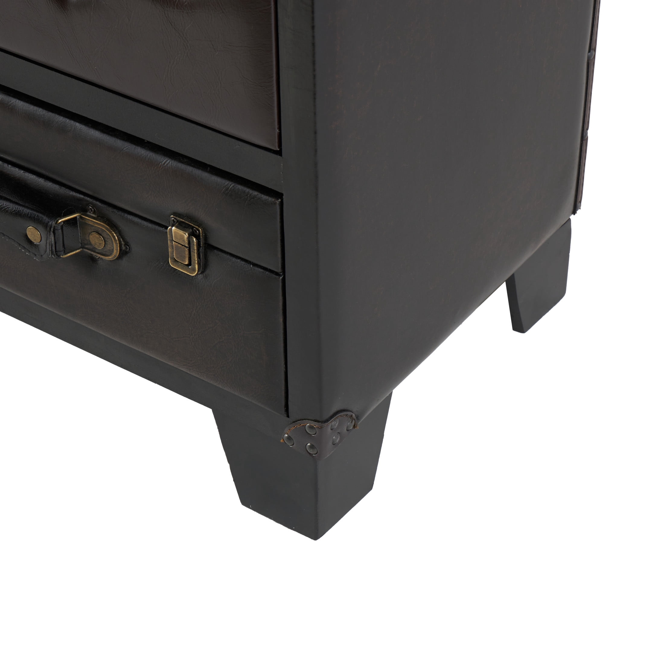 DecMode 19" x 28" Dark Brown Faux Leather Vintage Faux Leather 3 Drawer Chest with Gold Buckle and Strap Accents, 1-Piece