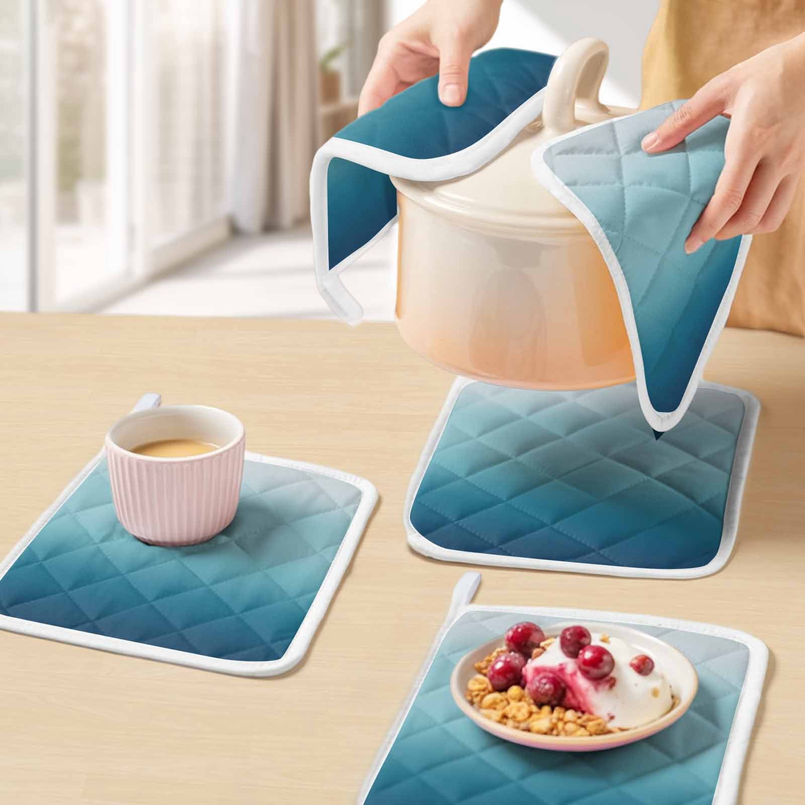 Navy Blue Ombre Pot Holders for Kitchen Heatproof Potholder, 4 Pack Teal White Gradient Modern Abstract Art Hot Pads Multipurpose Oven Pads Cloth Potholders Trivet for Cooking and Baking