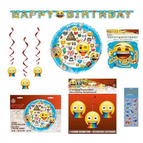 Emoji Birthday Party Supplies Bundle includes 1 Birthday Banner, 3 Hanging Swirl Decorations, 1 Jumbo Mylar Balloon 34", 1 Dinosaur Sticker Sheet