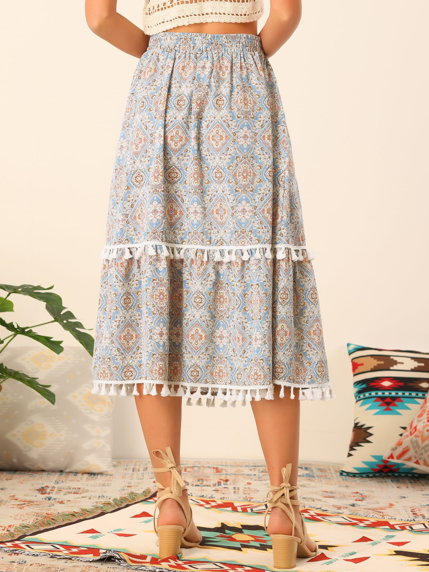 DARING DIVA Women's Elastic Waist Tiered Tassel Fringe Skirt S Blue